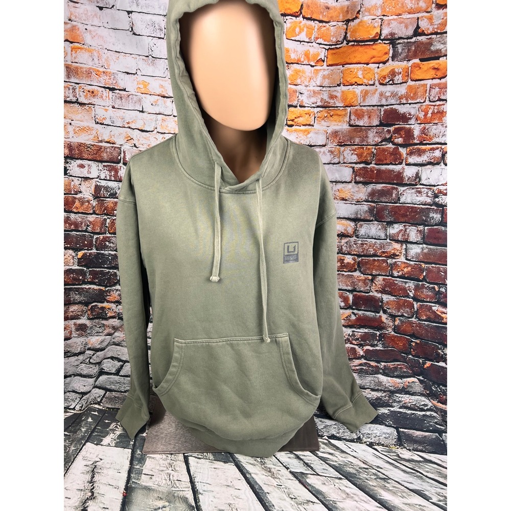 Huk Mens Olive Green Fleece Lined Pullover Fishing Hoodie Size Large Logo